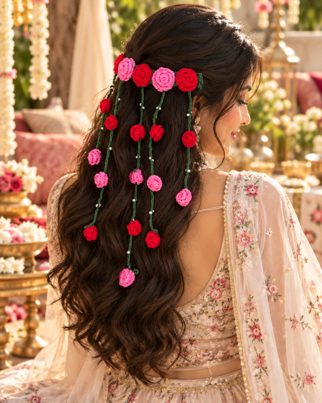 Crochet Floral Hair Tiara – Red Roses & Vine