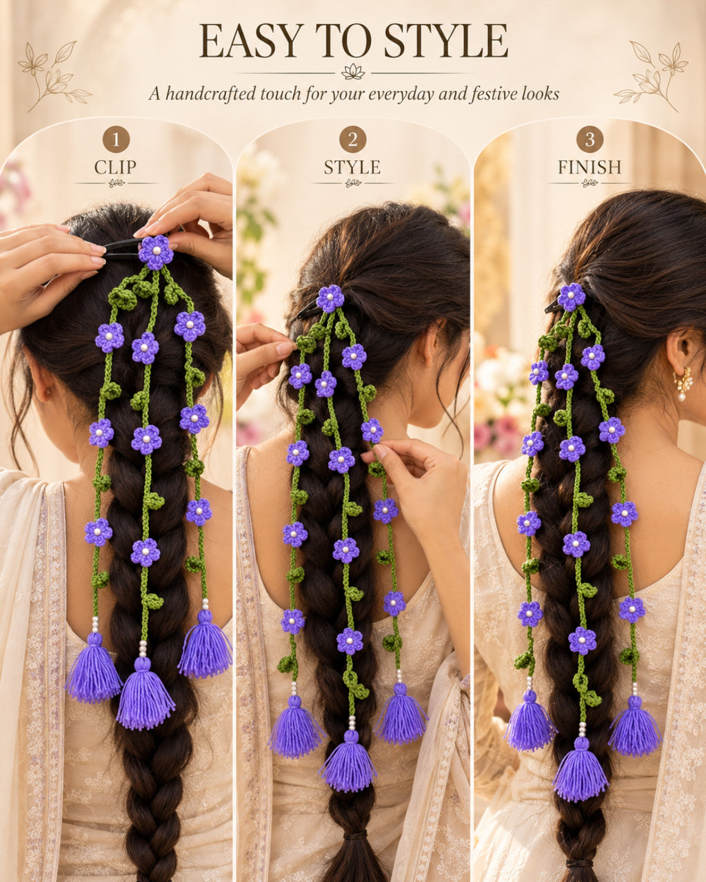 Handmade Crochet Floral Parandi Hair Clip – Lavender