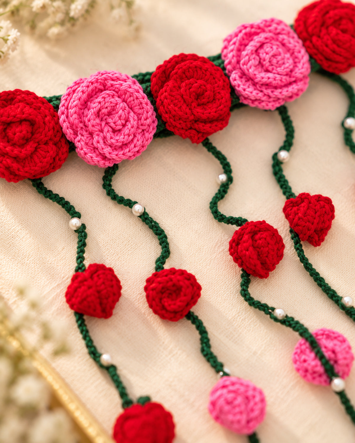 Crochet Floral Hair Tiara – Red Roses & Vine