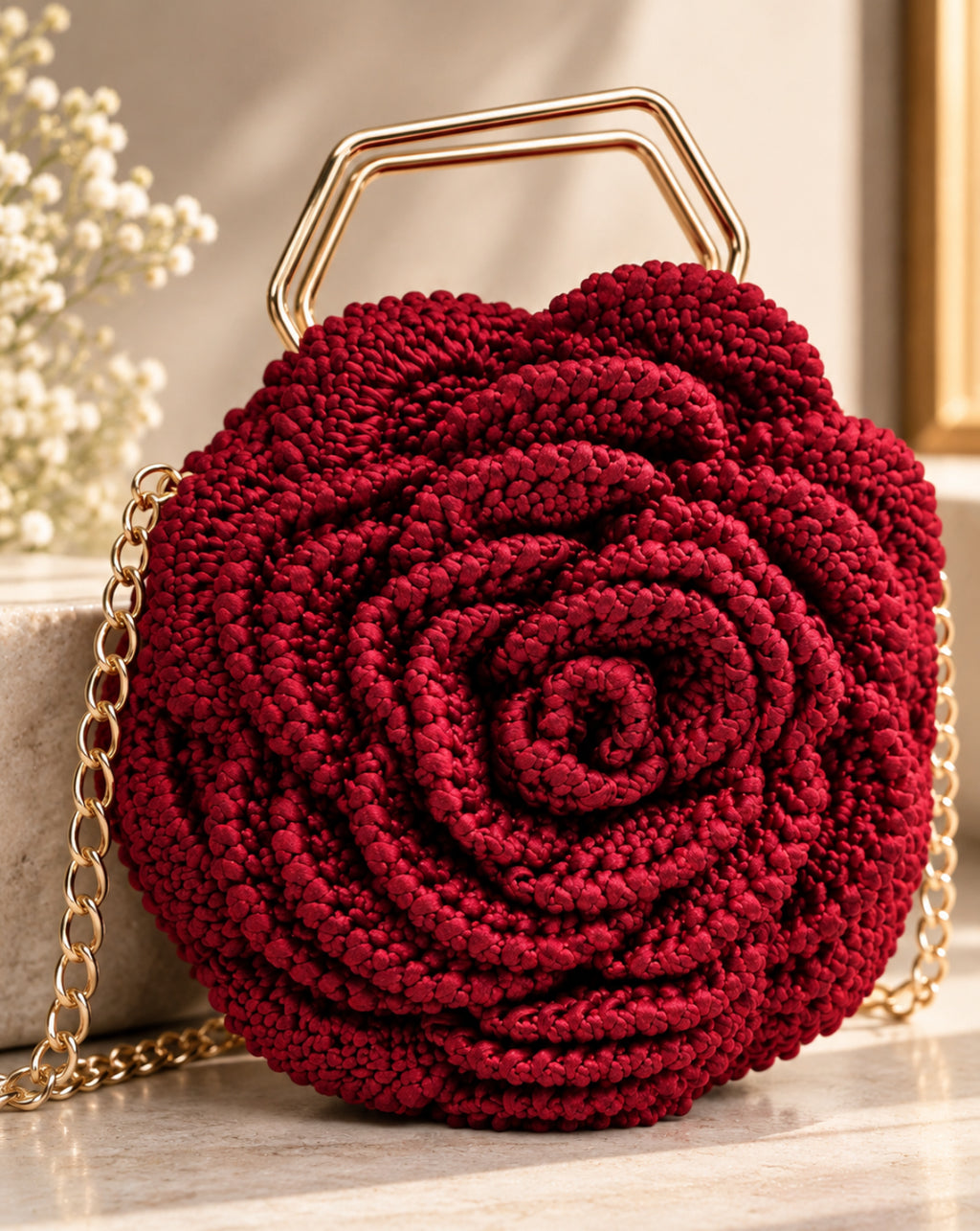 3D Rose Petal Crochet Handbag – Maroon