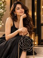 3D Rose Petal Crochet Handbag – Black and Gold