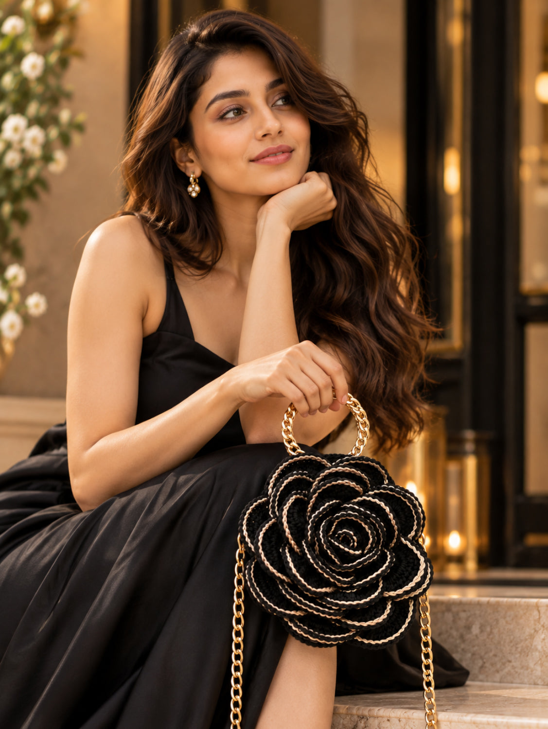 3D Rose Petal Crochet Handbag – Black and Gold