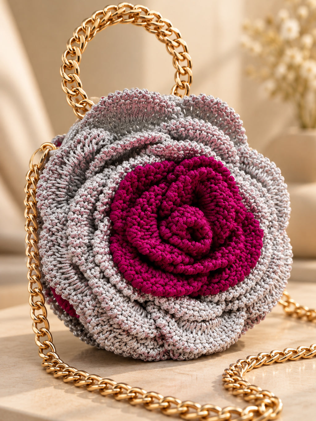 Handmade 3D Floral Clutch - Grey & Pinkish Purple Rose