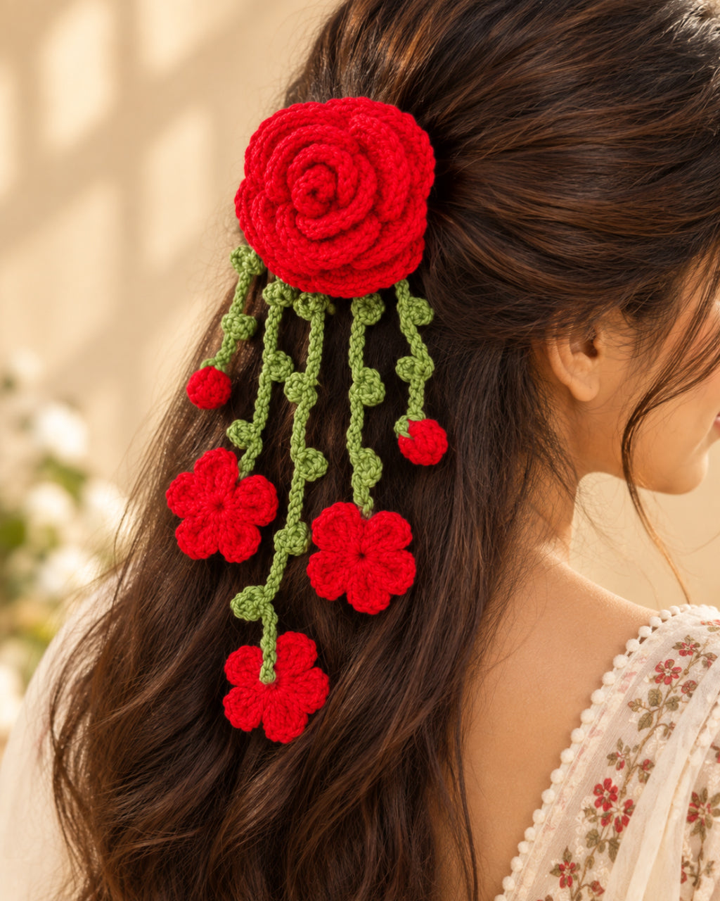 Handmade Crochet Hanging Hair Clip - Red Roses