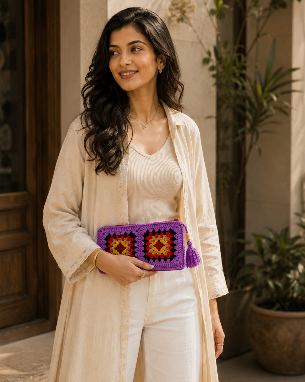 Handmade Purple Crochet Pouch – Colorful Granny Square