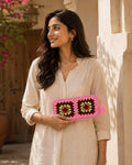 Handmade Light Pink Crochet Pouch – Colorful Granny Square