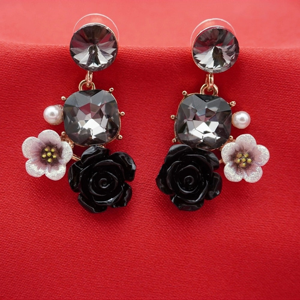 Enamel Floral Earrings - Black Rose Drops