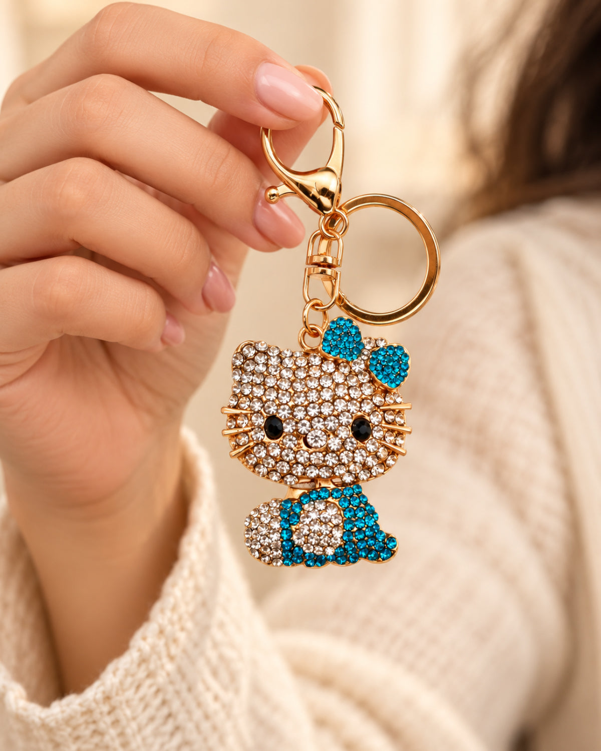 Turquoise Rhinestone Cat Keychain