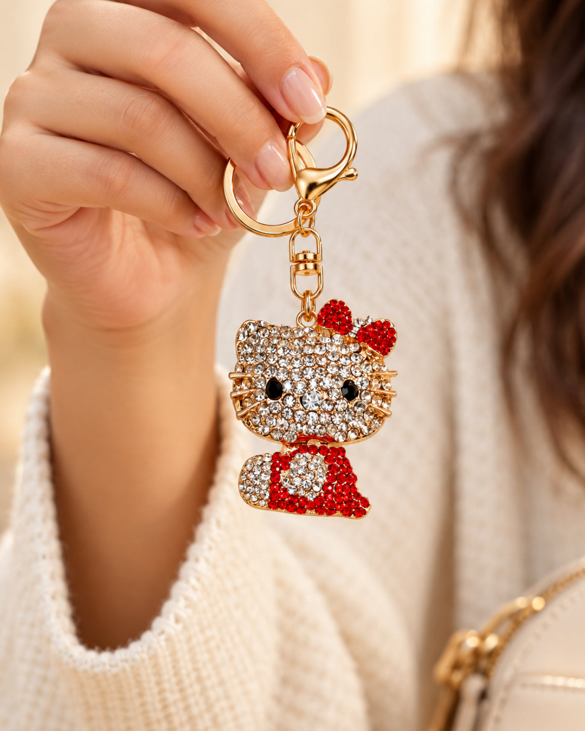 Red Rhinestone Cat Keychain