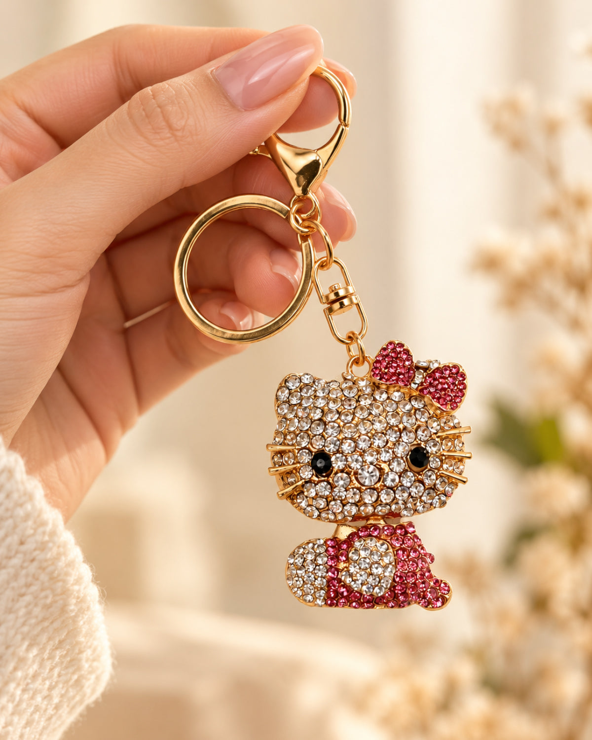 Pink Rhinestone Cat Keychain