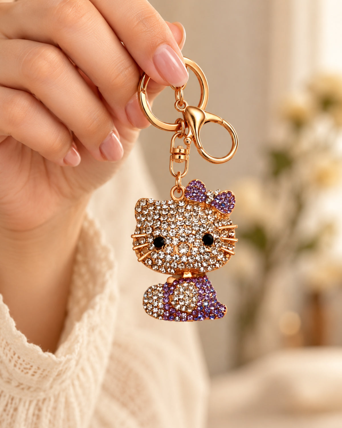 Purple Rhinestone Cat Keychain