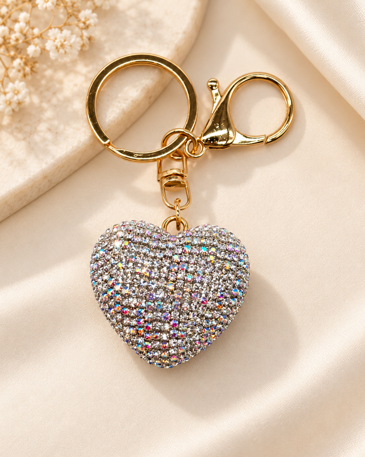 Silver Rainbow Rhinestone Heart Keychain