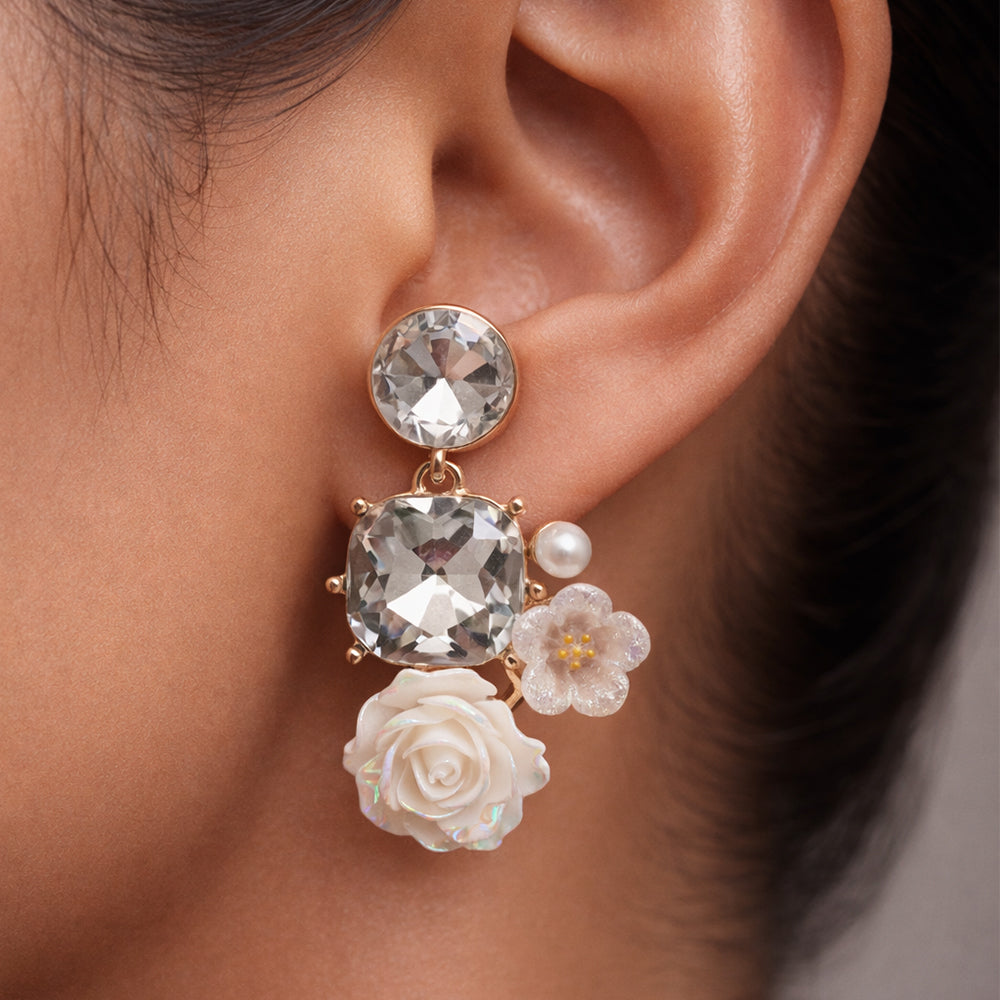 Enamel Floral Earrings - Rose & Pearl Drops