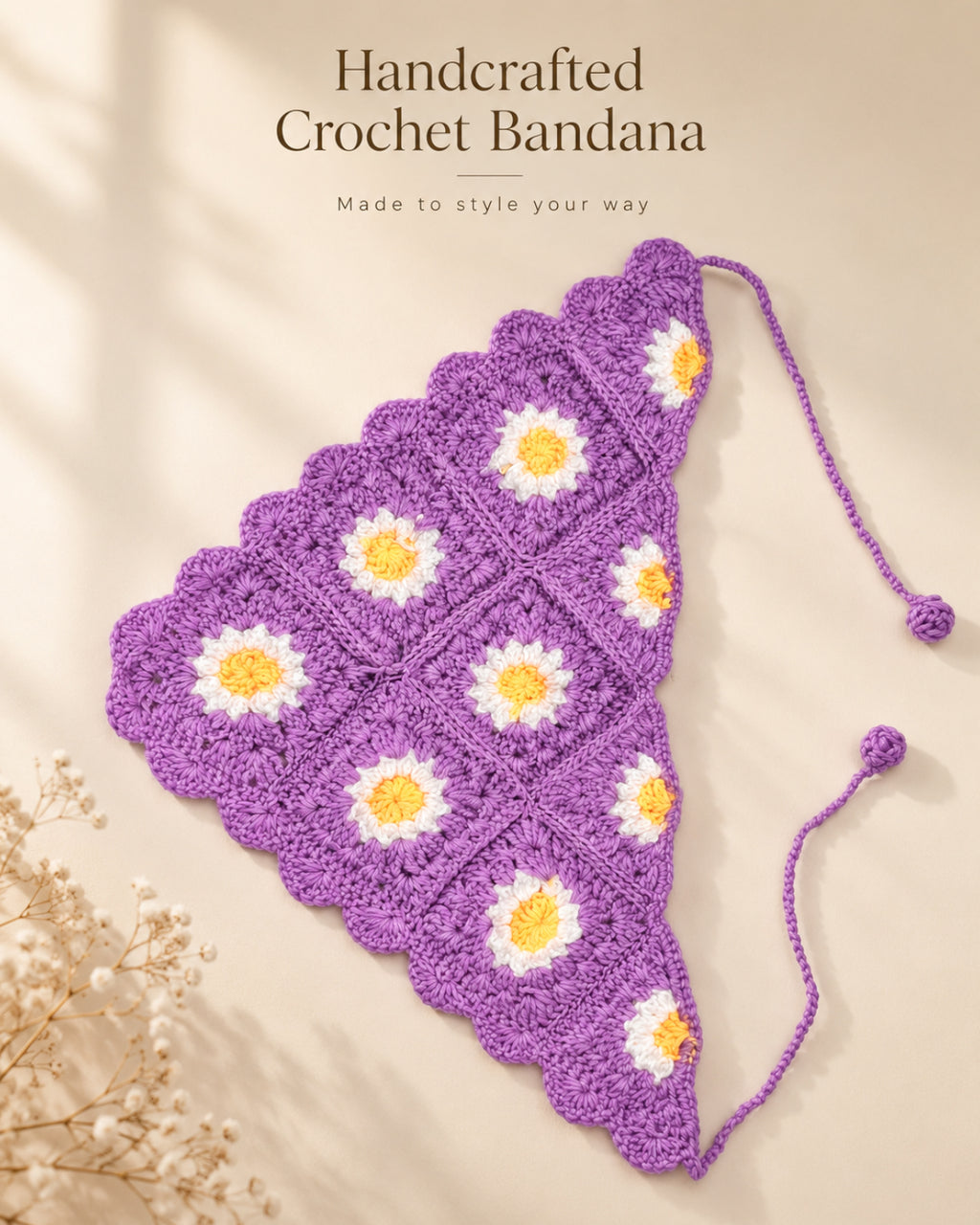Purple Daisy Bloom Crochet Bandana