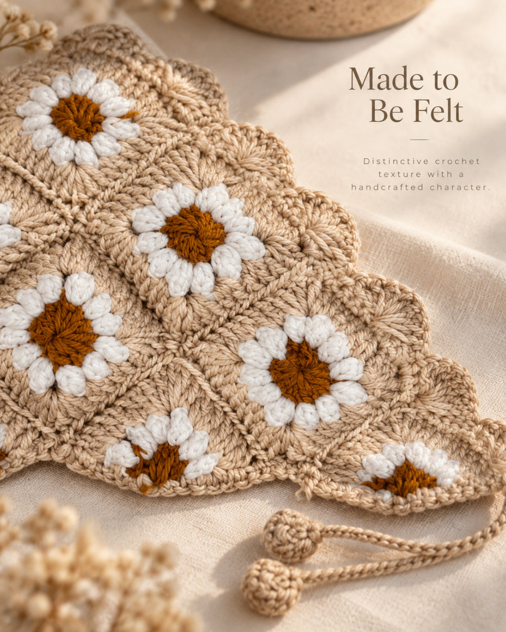 Beige & Ivory Daisy Crochet Bandana – Handcrafted Floral Head Scarf