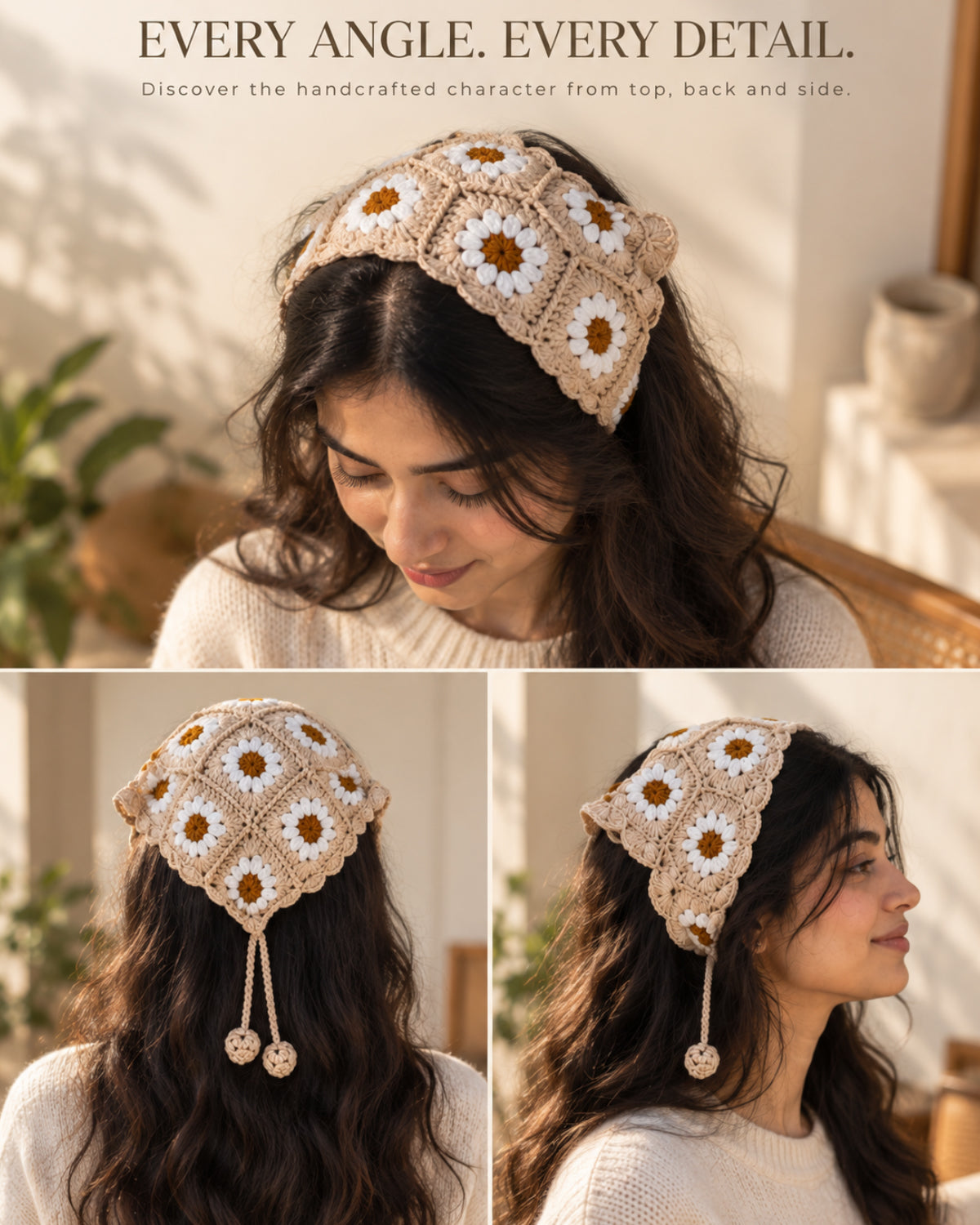 Beige & Ivory Daisy Crochet Bandana – Handcrafted Floral Head Scarf