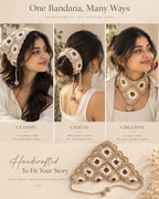 Beige & Ivory Daisy Crochet Bandana – Handcrafted Floral Head Scarf