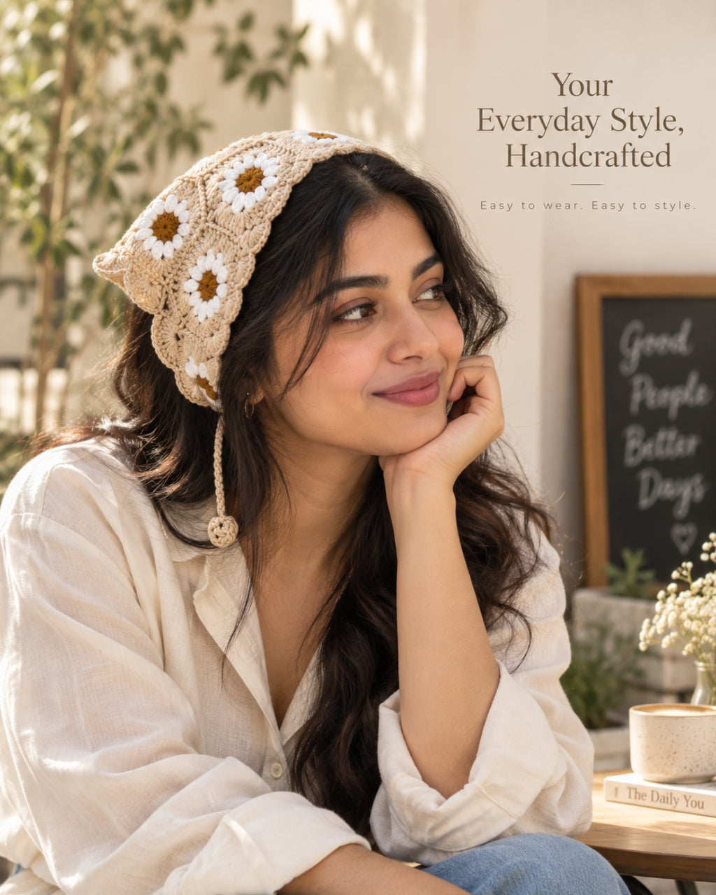 Beige & Ivory Daisy Crochet Bandana – Handcrafted Floral Head Scarf