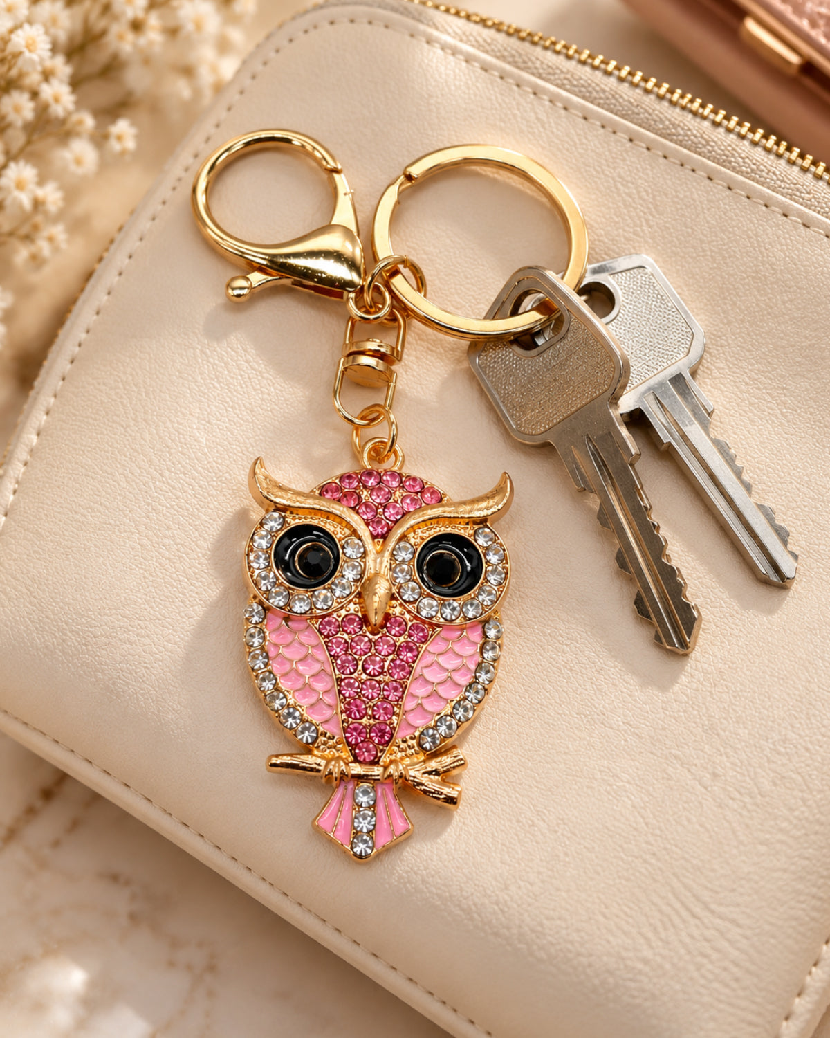 Crystal Owl Rhinestone Keychain – Pink