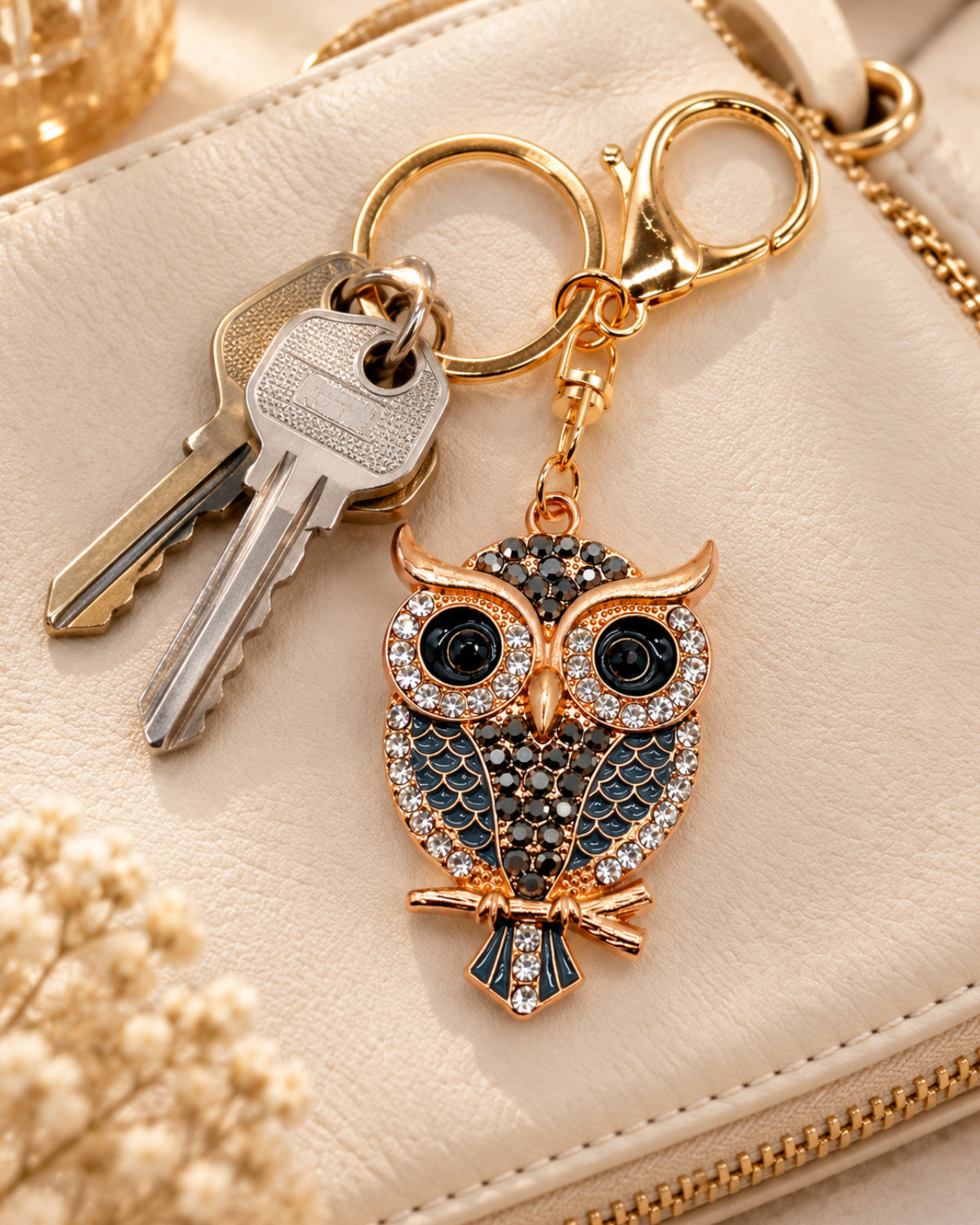Crystal Owl Rhinestone Keychain – Black