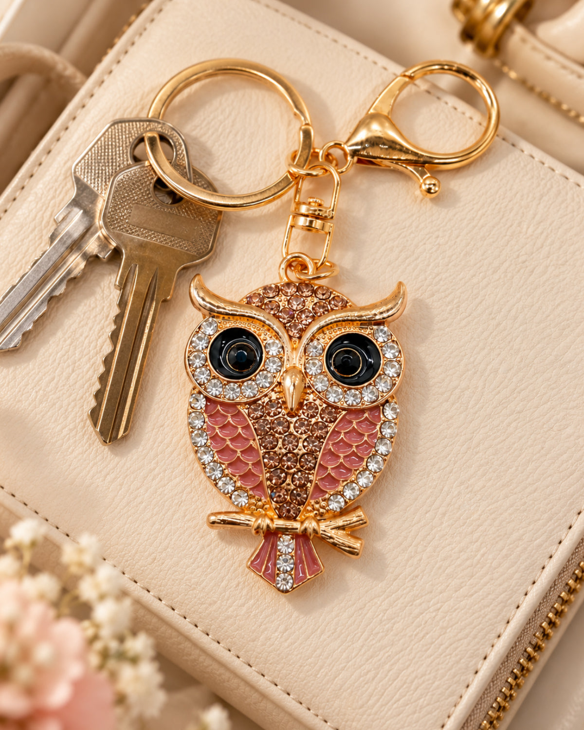 Crystal Owl Rhinestone Keychain – Rose Gold