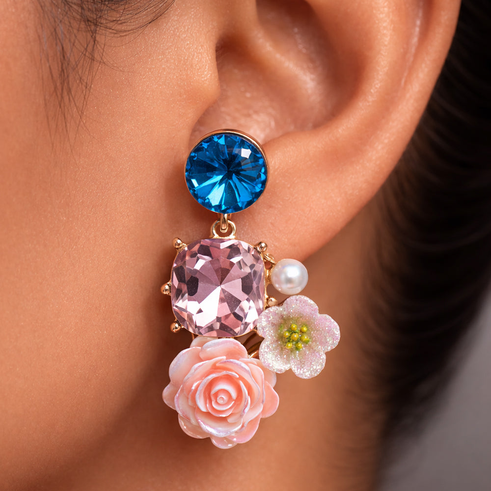 Enamel Floral Earrings with Blue Crystal Drops | Rose & Pearl Collection