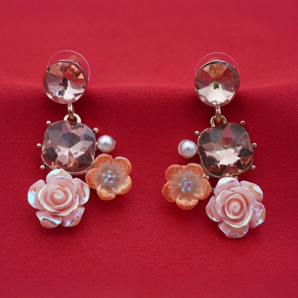 Enamel Floral Earrings - Blush Crystal Drop | Rose & Pearl Collection
