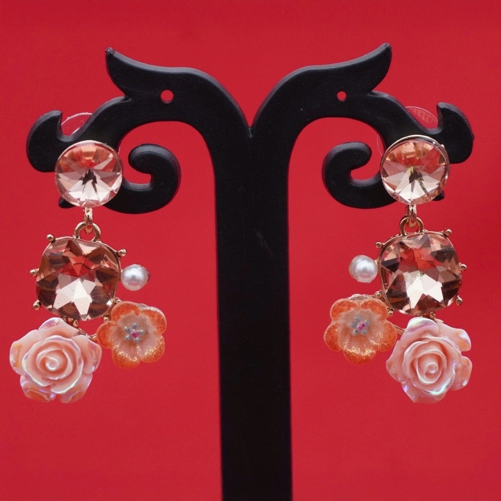 Enamel Floral Earrings - Blush Crystal Drop | Rose & Pearl Collection