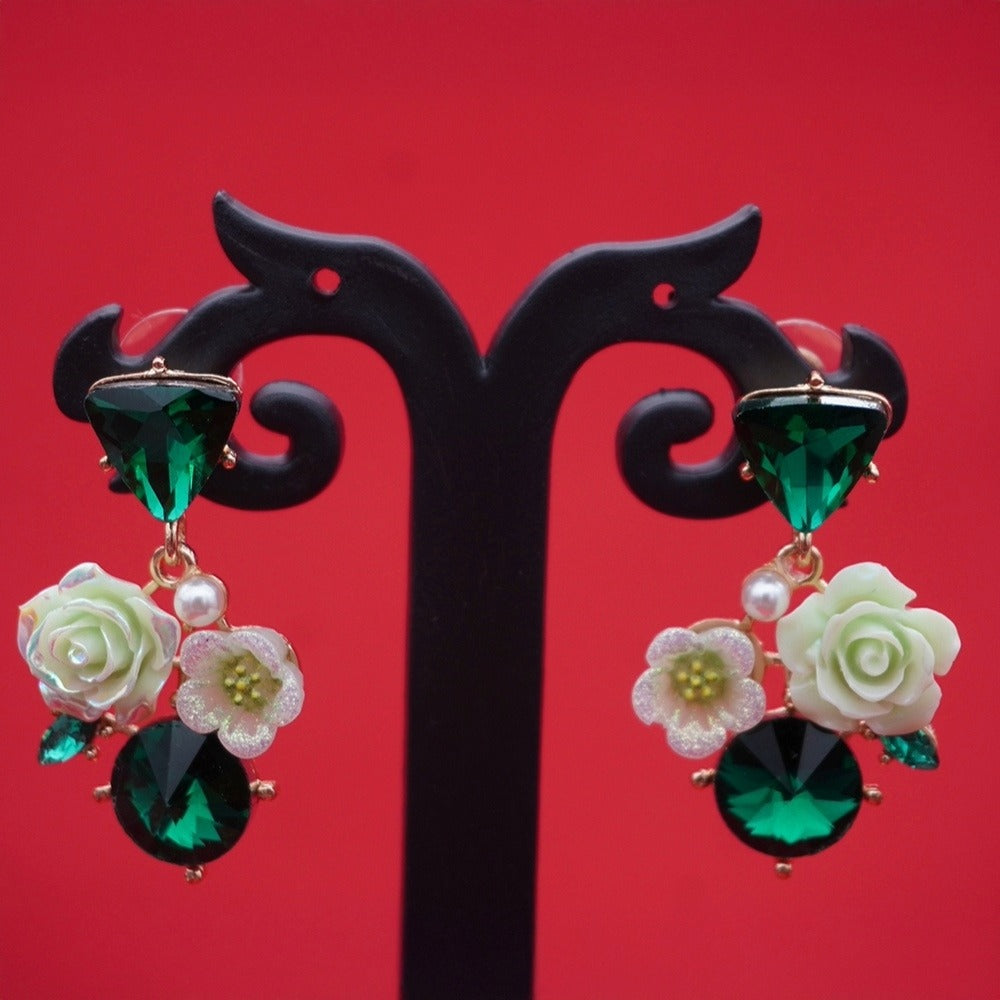 Enamel Floral Earrings – Emerald Crystal Drops