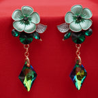 Enamel Floral Earrings - Emerald Crystal Drops Statement Earring