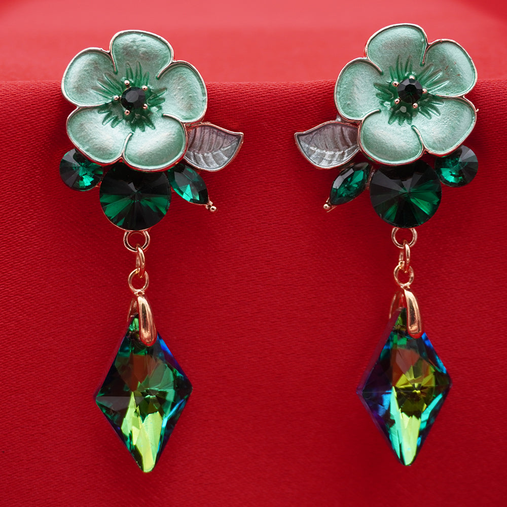 Enamel Floral Earrings - Emerald Crystal Drops Statement Earring