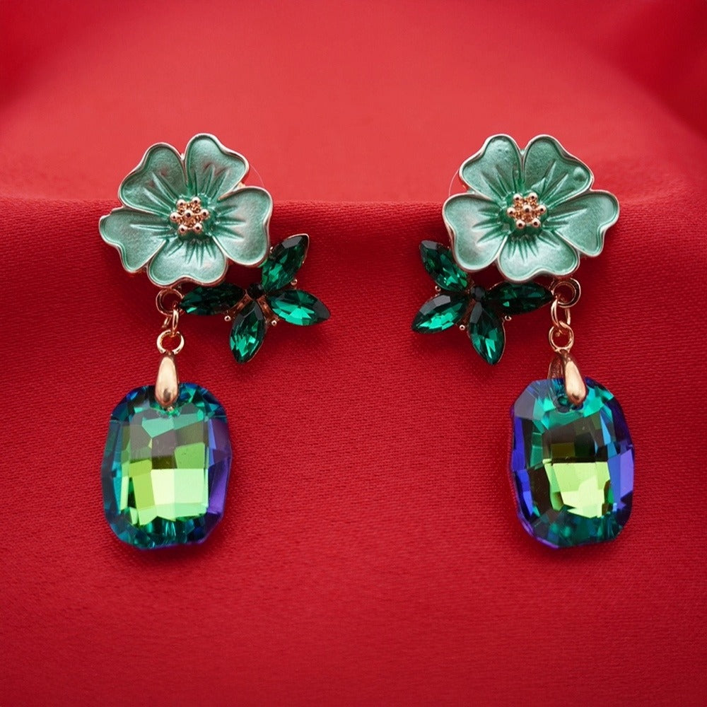 Enamel Floral Earrings – Lightweight Green Crystal Drop