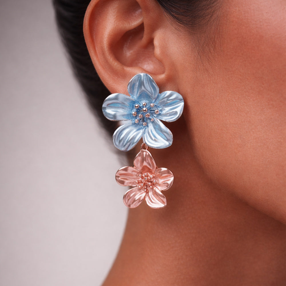 Pastel Double Floral Drop Earrings - Blue & Coral Translucent Blossom