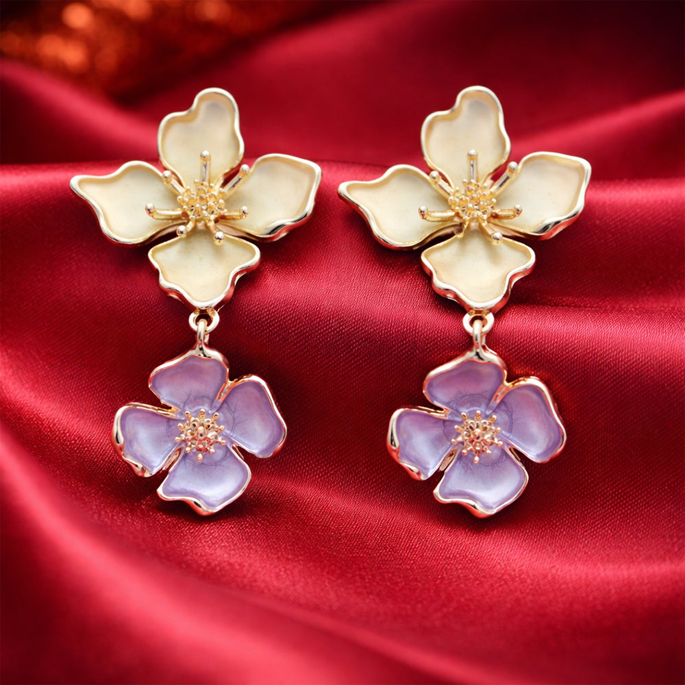 Elegant Floral Enamel - Double Flower Drop Earrings