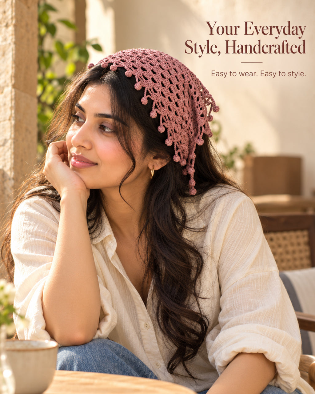 Dusty Rose Crochet Bandana Floral Edges – Handcrafted Hair Accessory
