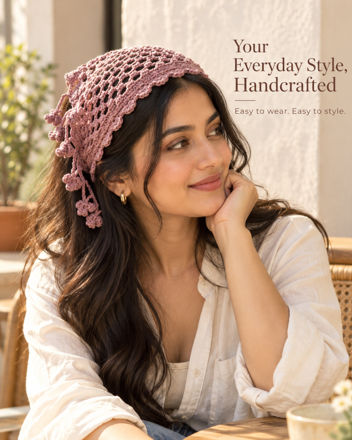 Dusty Rose Crochet Bandana – Handcrafted Hair Accessory