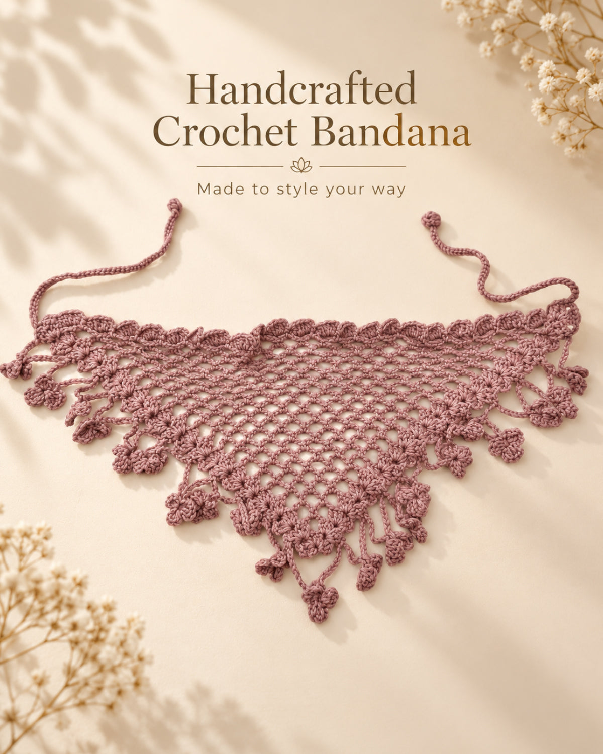 Dusty Rose Crochet Bandana – Handcrafted Hair Accessory