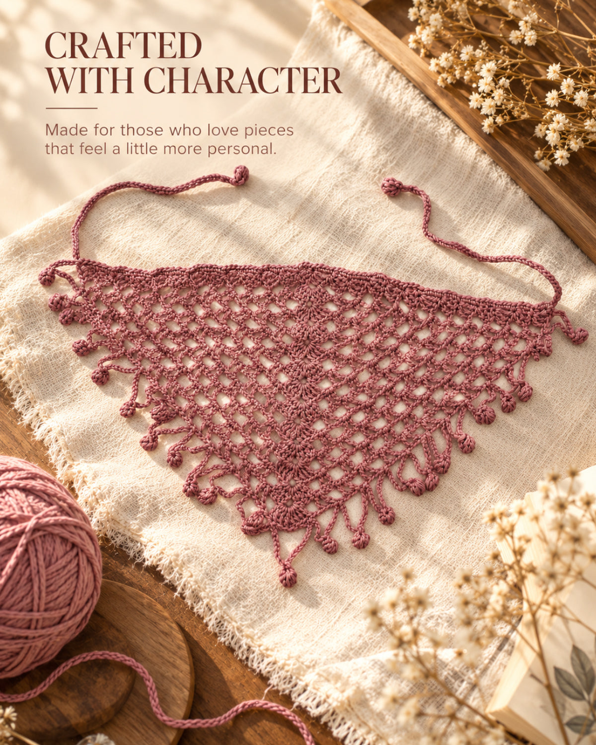 Dusty Rose Crochet Bandana Floral Edges – Handcrafted Hair Accessory