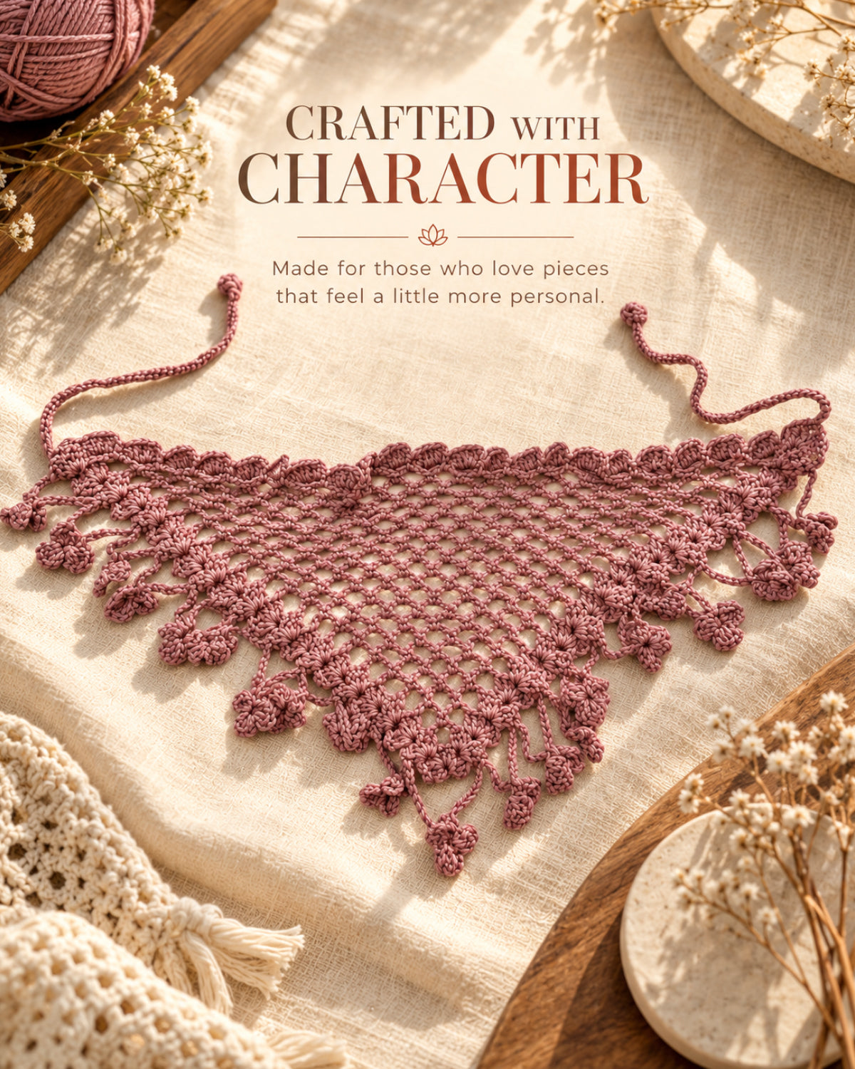 Dusty Rose Crochet Bandana – Handcrafted Hair Accessory