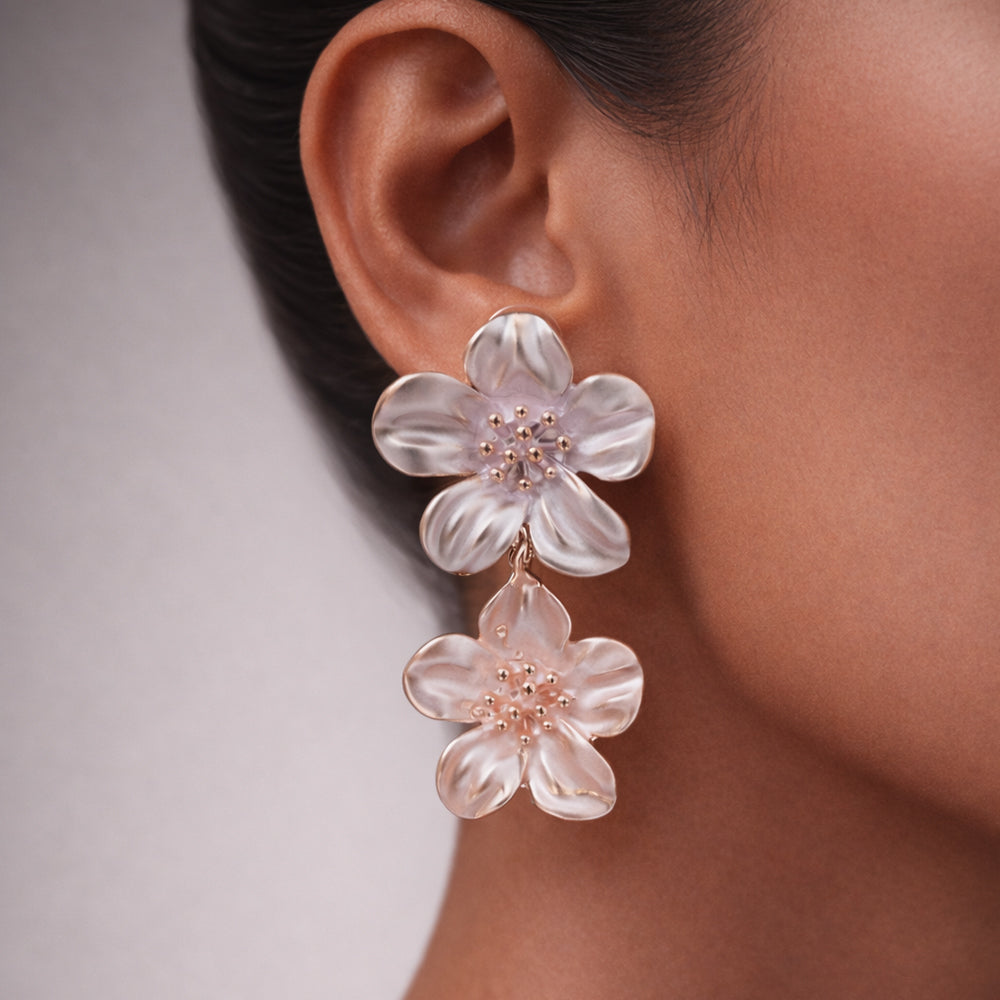 Elegant Double Blossom Drop Earrings – Ivory & Blush Translucent Floral