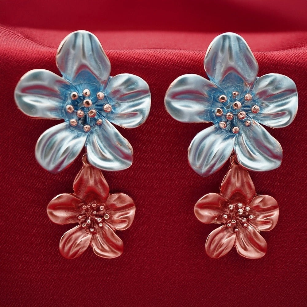 Pastel Double Floral Drop Earrings - Blue & Coral Translucent Blossom