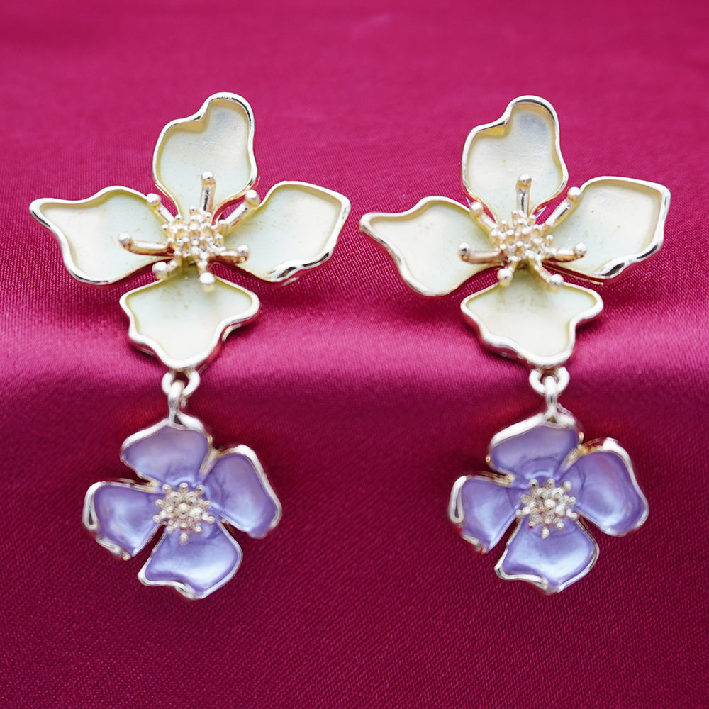Elegant Floral Enamel - Double Flower Drop Earrings