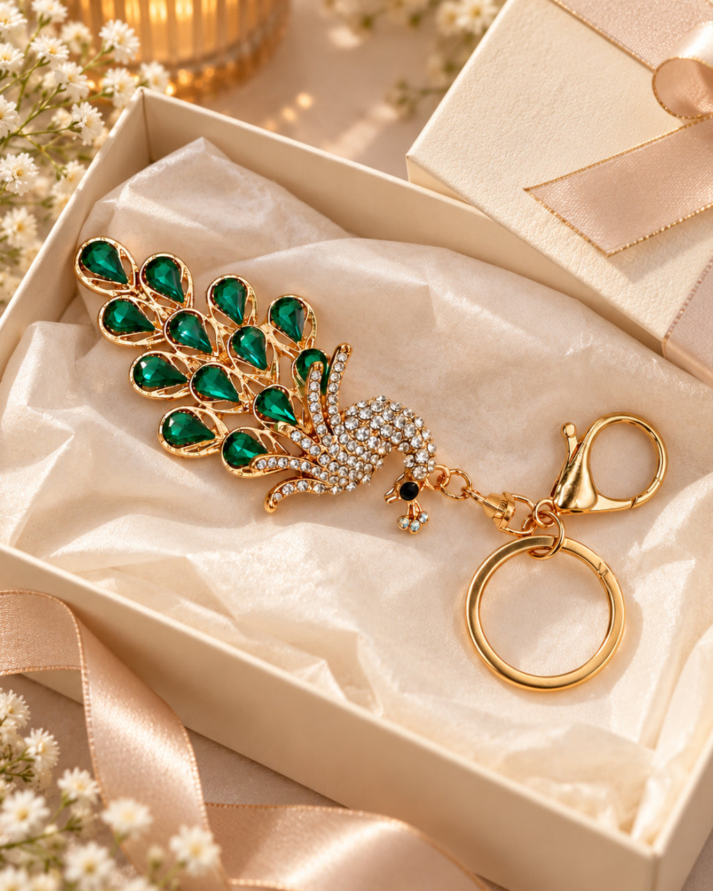 Emerald Green Rhinestone Peacock Keychain