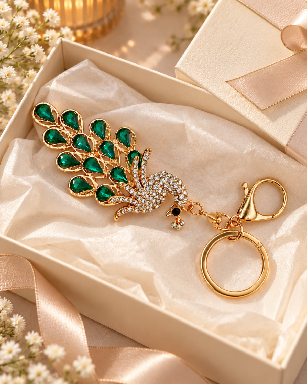 Emerald Green Rhinestone Peacock Keychain