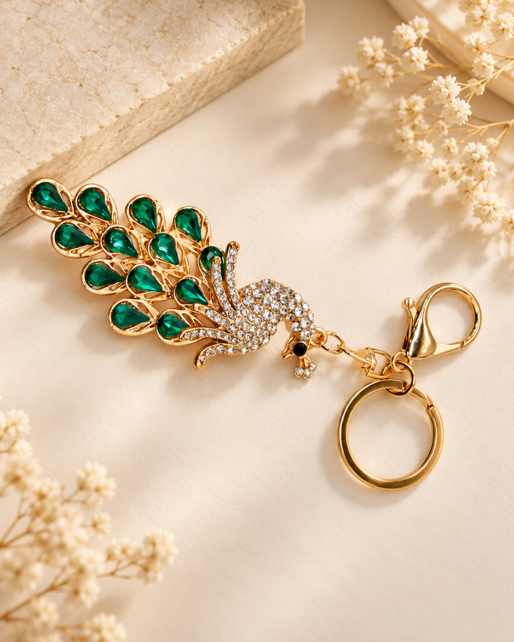 Emerald Green Rhinestone Peacock Keychain