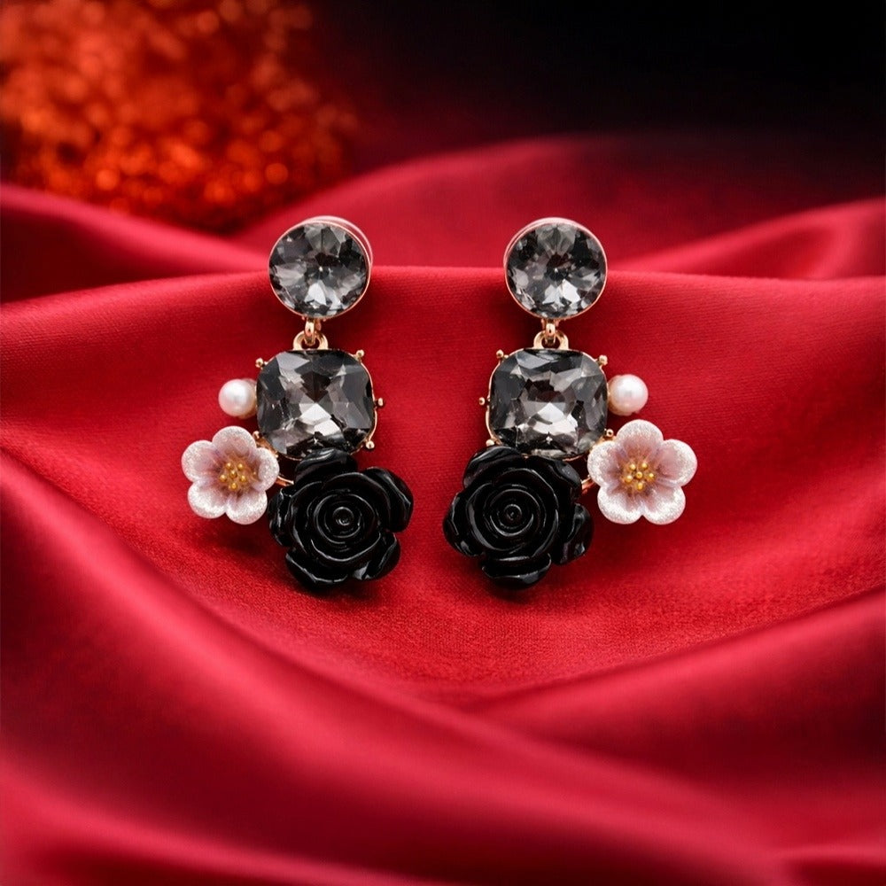 Enamel Floral Earrings - Black Rose Drops