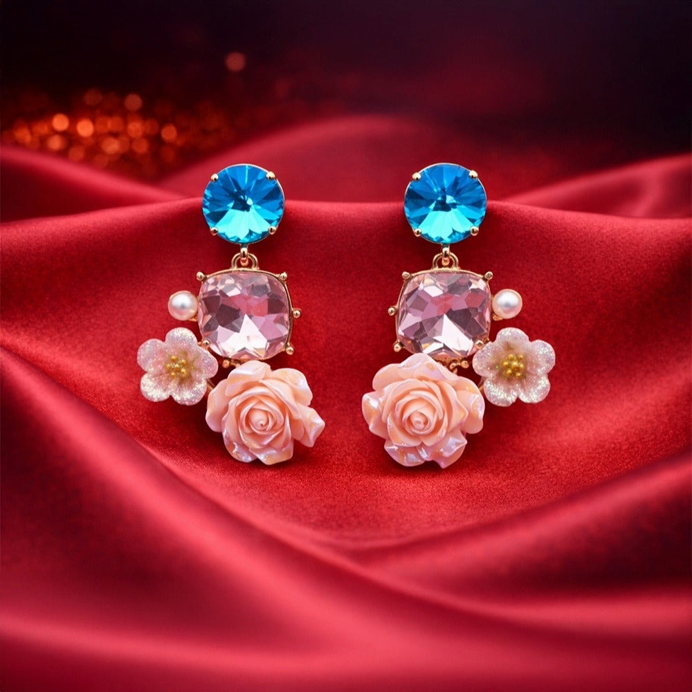 Enamel Floral Earrings with Blue Crystal Drops | Rose & Pearl Collection