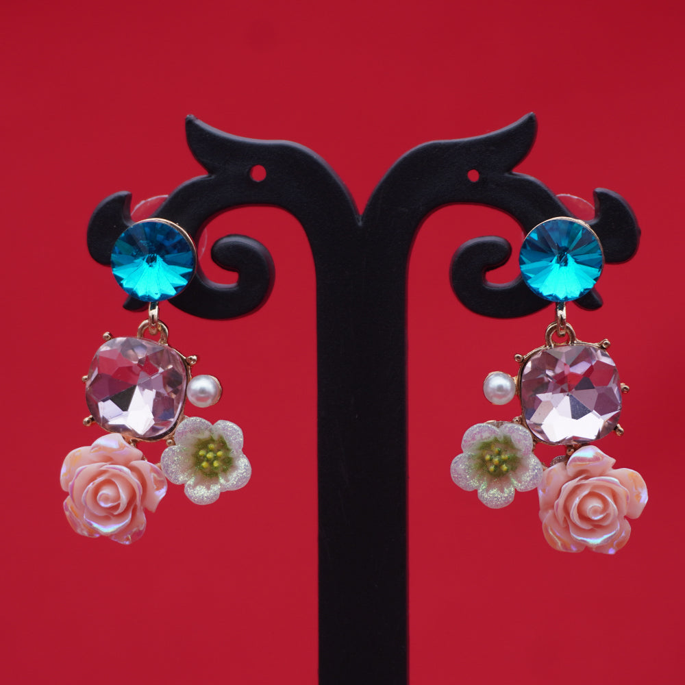 Enamel Floral Earrings with Blue Crystal Drops | Rose & Pearl Collection