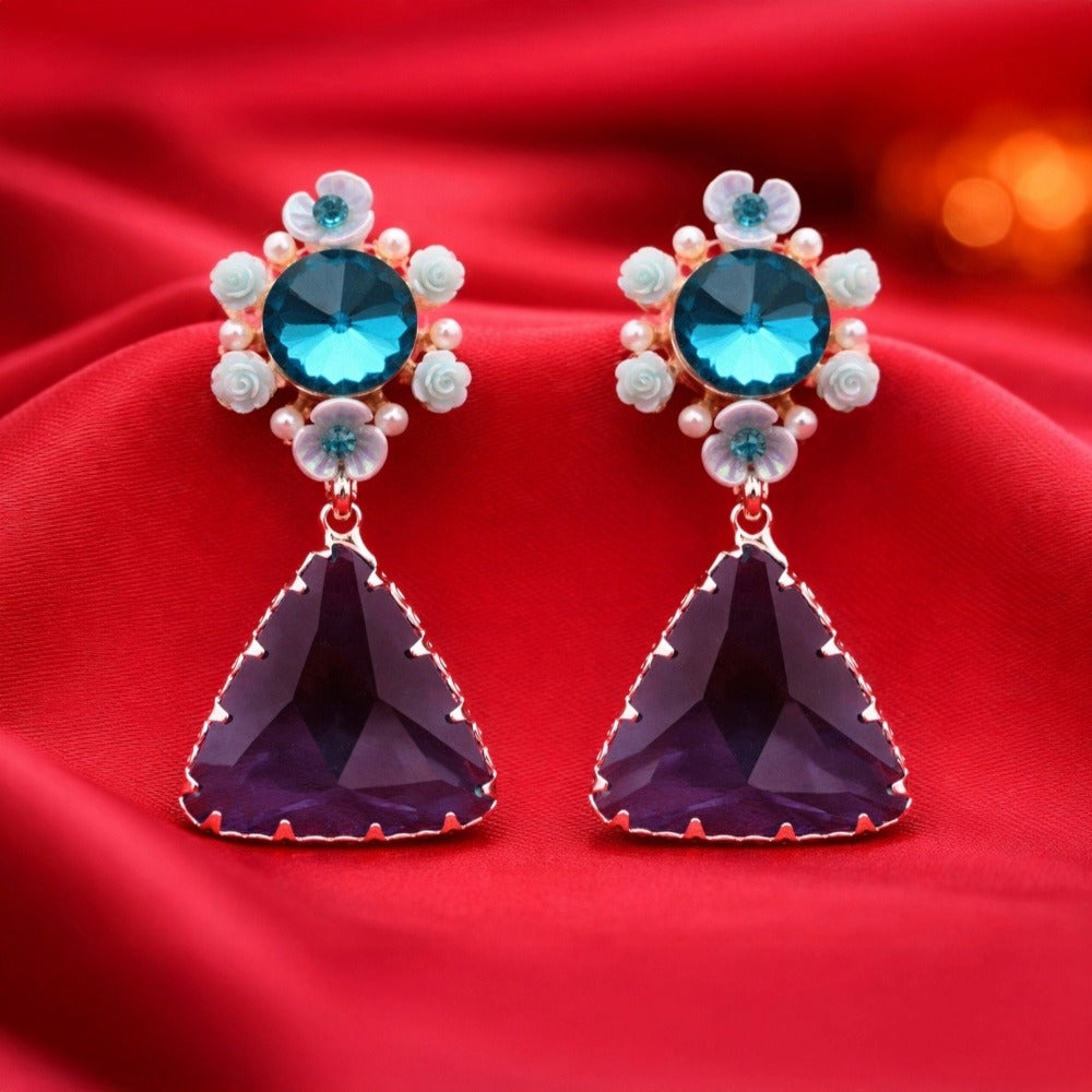Blue Crystal Drop Earrings – Floral Statement