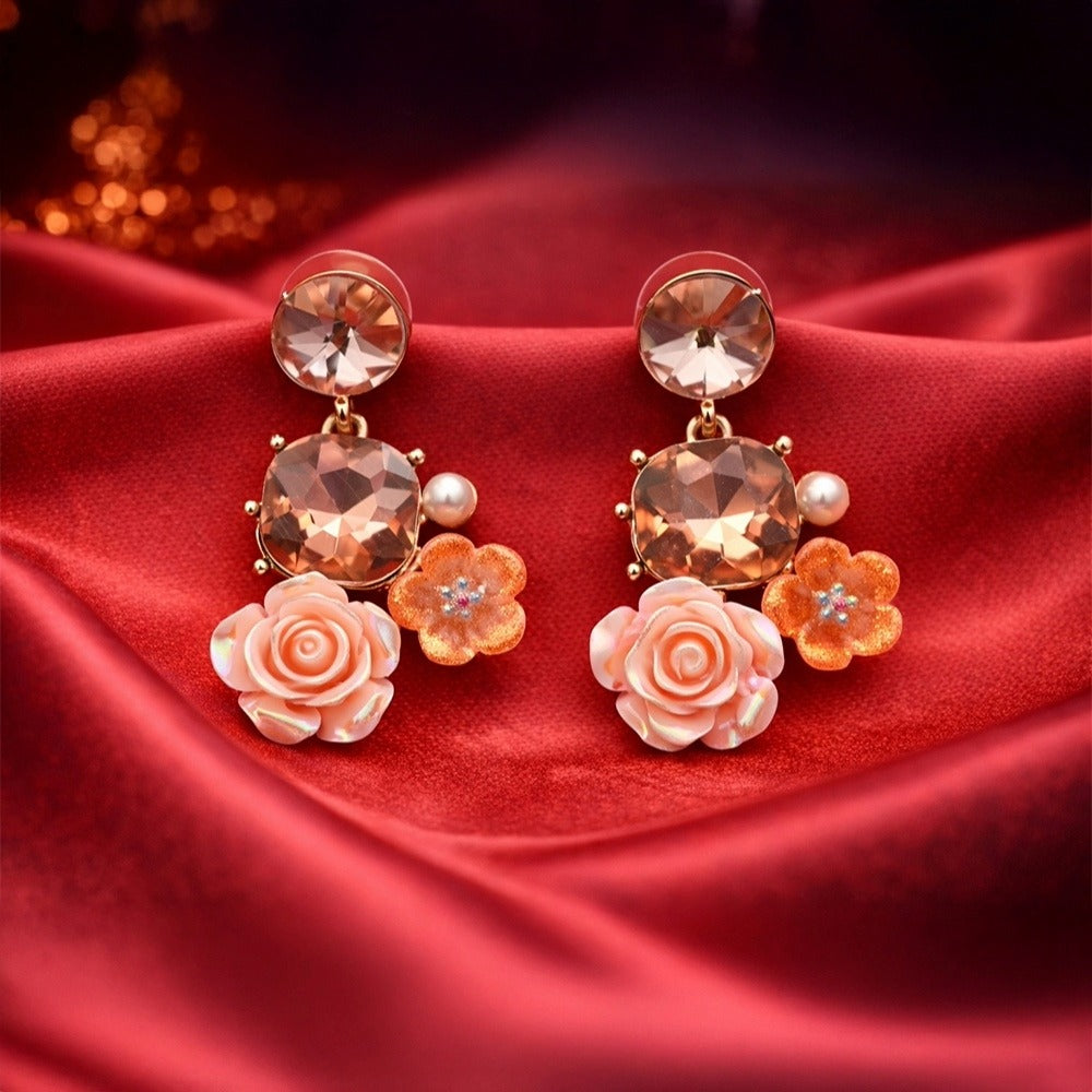 Enamel Floral Earrings - Blush Crystal Drop | Rose & Pearl Collection